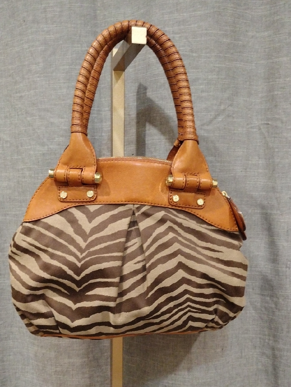 Antonio Melani Brown Zebra-Print Satchel with Tan Leather Trim